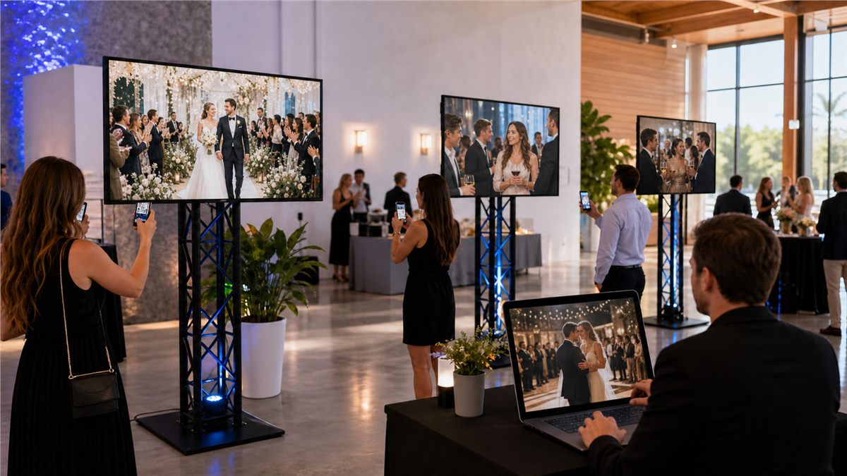 Event venue with TV viewer stands, guests uploading photos from phones, and an organizer reviewing uploads