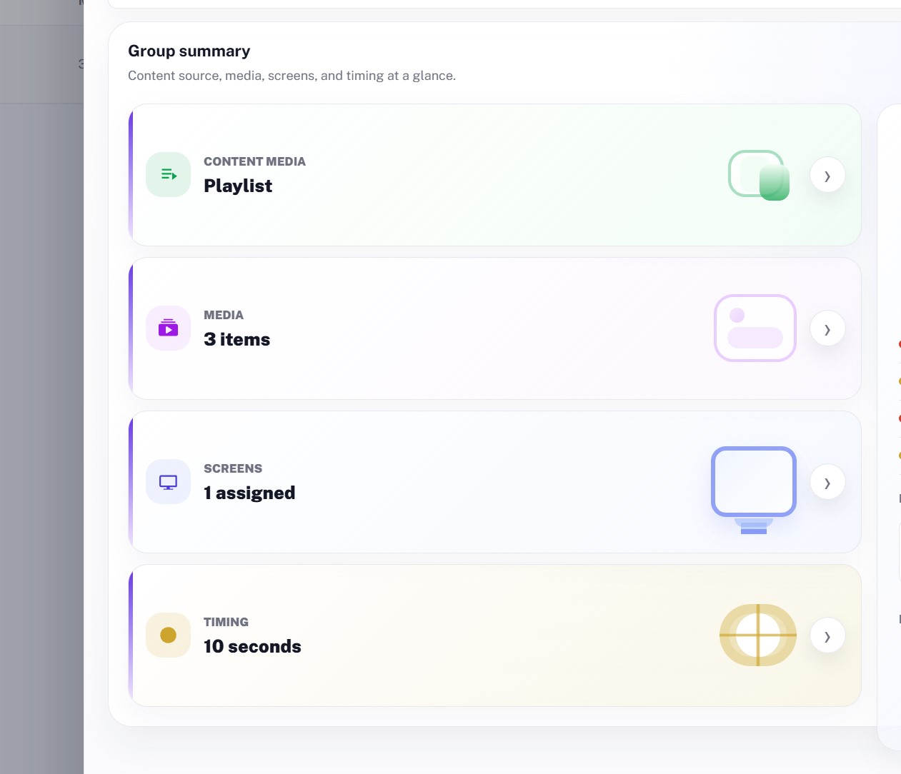 Happic signage group summary showing content media, screens, and timing controls