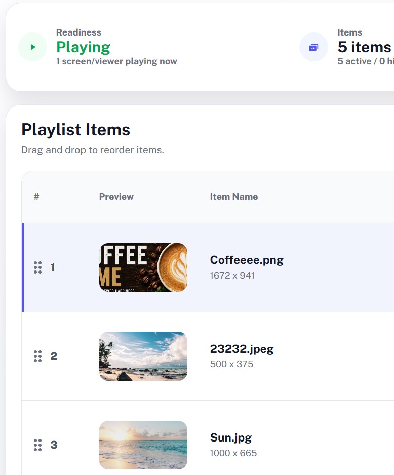Happic playlist editor showing playlist items ready for drag and drop ordering