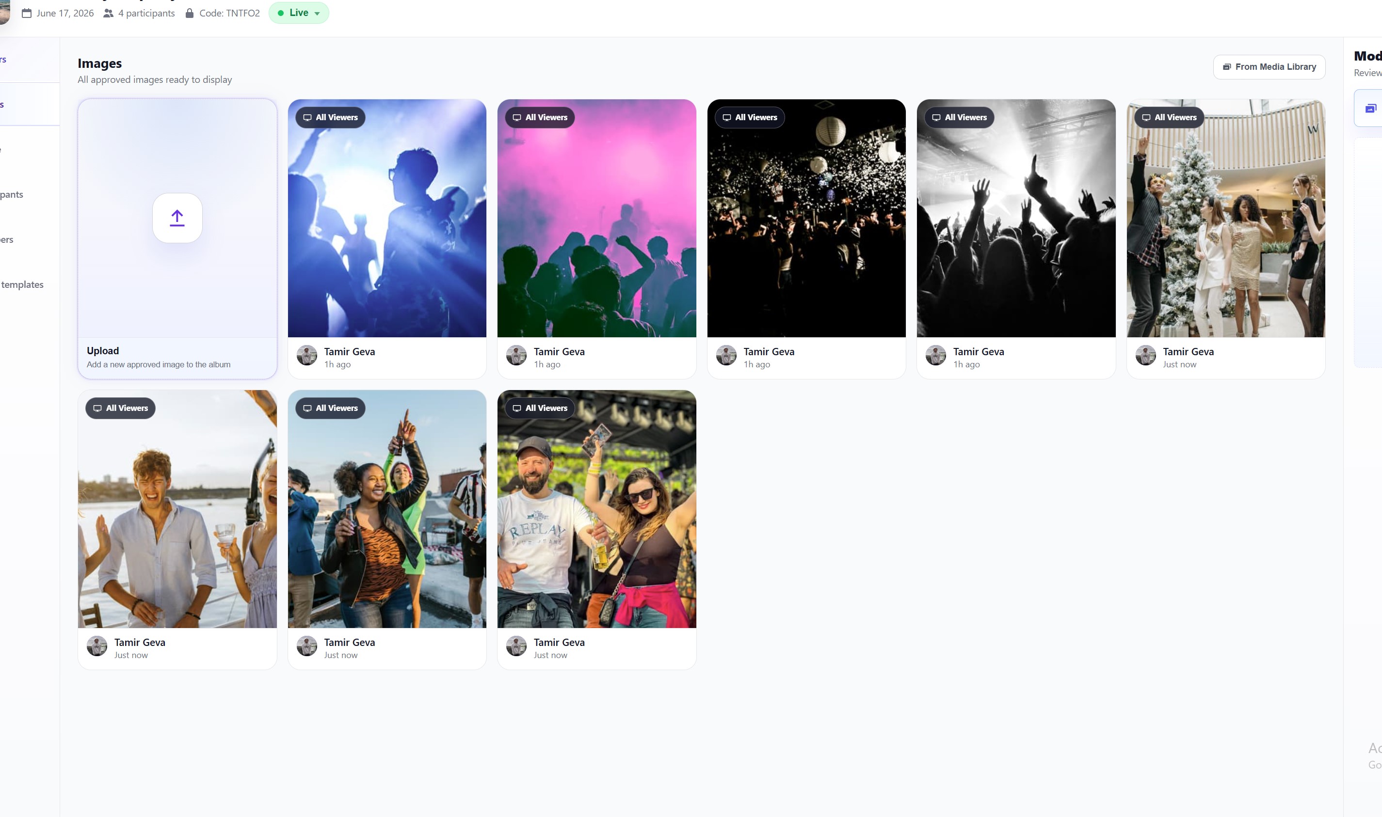 Happic event image library showing approved guest uploads assigned to event viewers