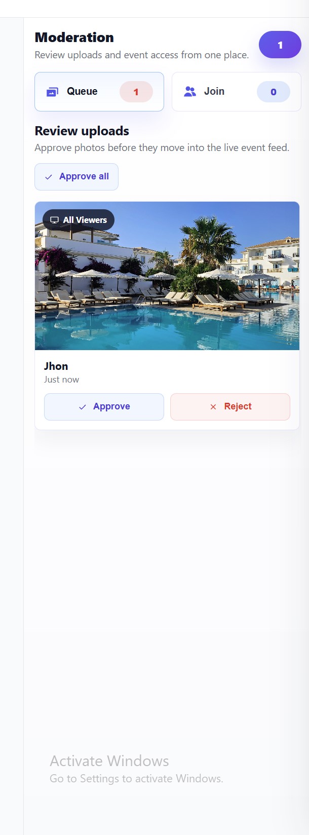 Happic mobile moderation queue showing approve and reject actions for an uploaded image