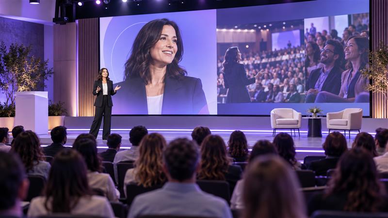 A conference speaker beside a stage screen showing speaker portraits and session highlights