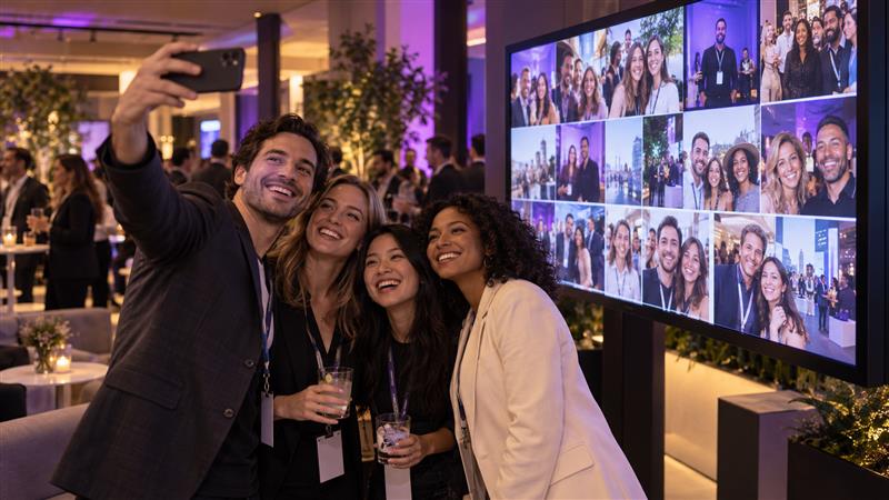 Guests taking a group selfie beside a digital wall of guest and team photos