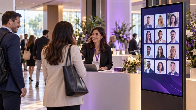 Guests arriving at reception beside a screen displaying welcome portraits