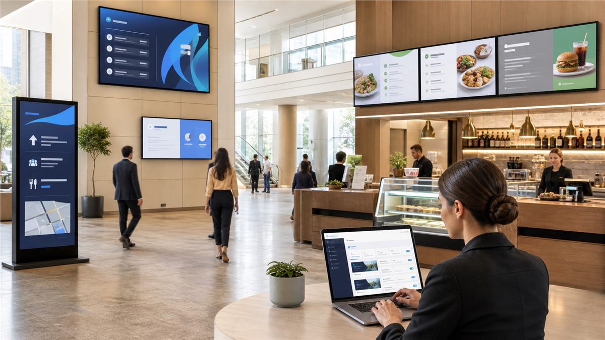Conference lobby screens, restaurant menu boards, and a manager updating signage from a laptop